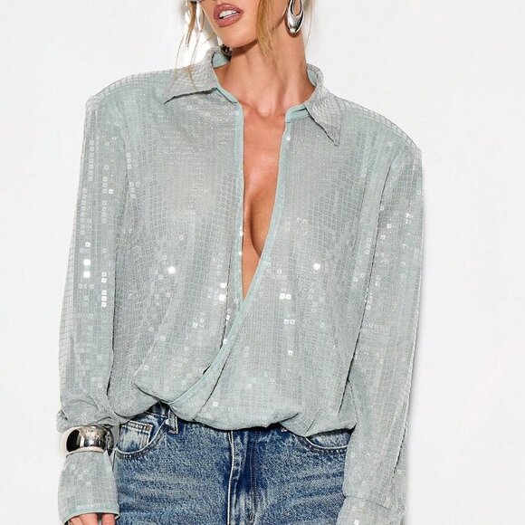 Dusty Blue Casual Women's Metallic Sequin Long Sleeve Evening Plunge Bodysuit - Picture 3 of 5